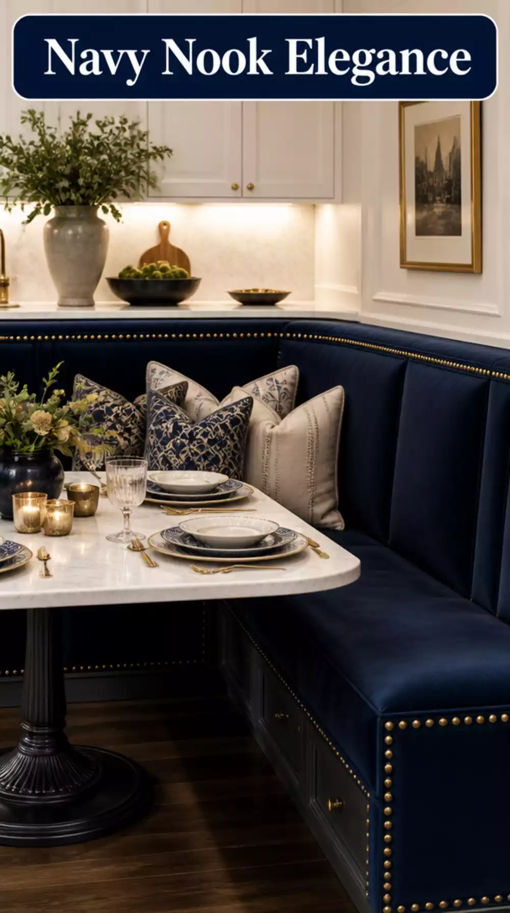 Deep Navy Banquette with Brass Trim and Marble Table