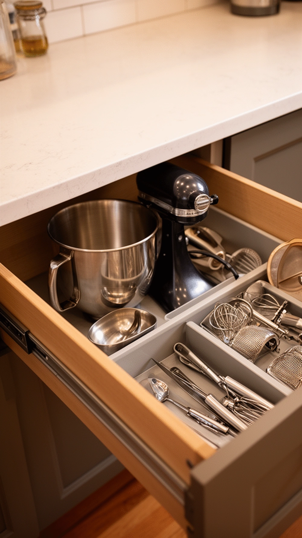 Kitchen Deep Drawer Appliance Insert That Stores a Stand Mixer Below Counter