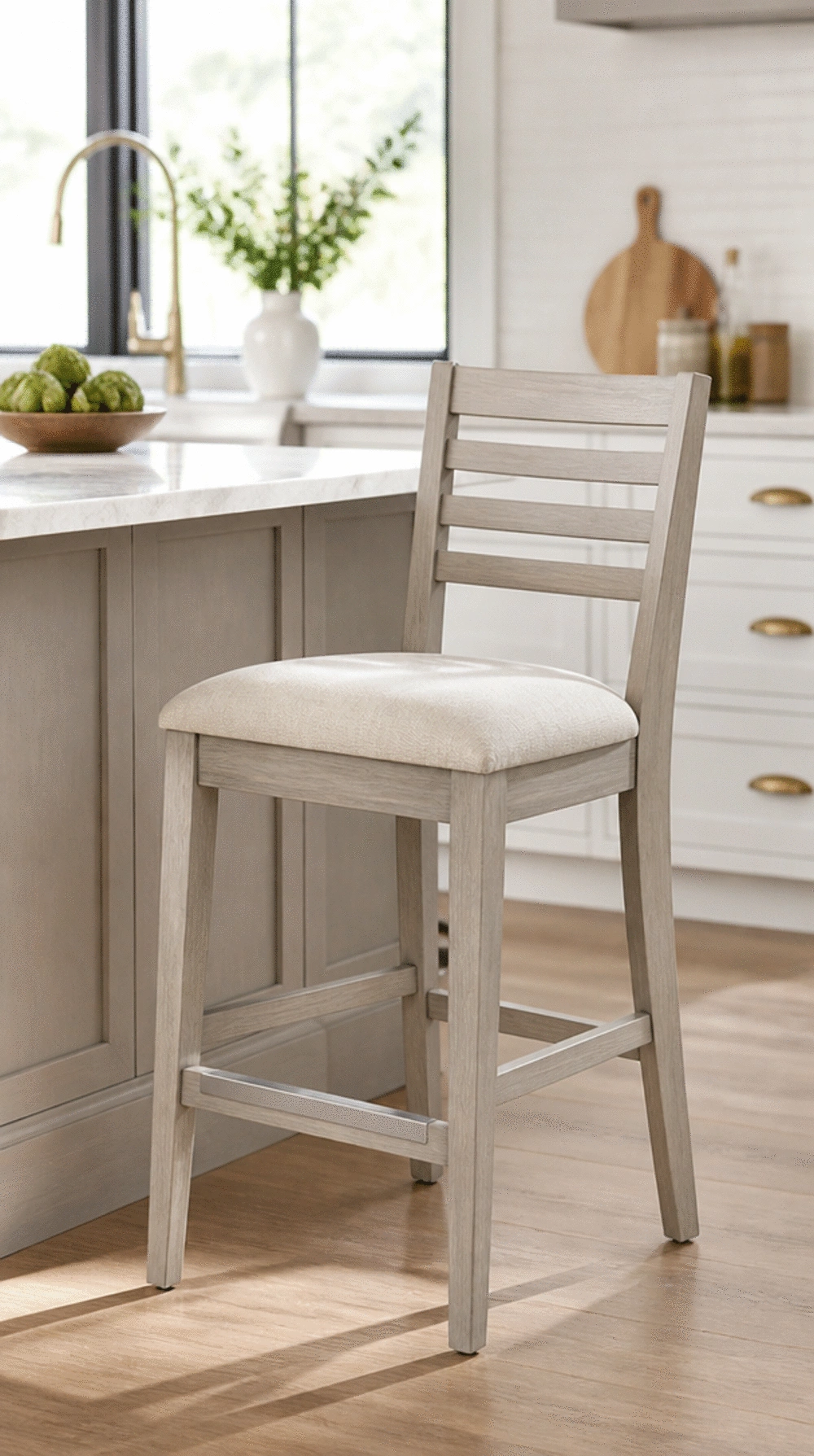 Light Ash Kitchen Bar Chair with an Open Ladder Back and Cushion Pad