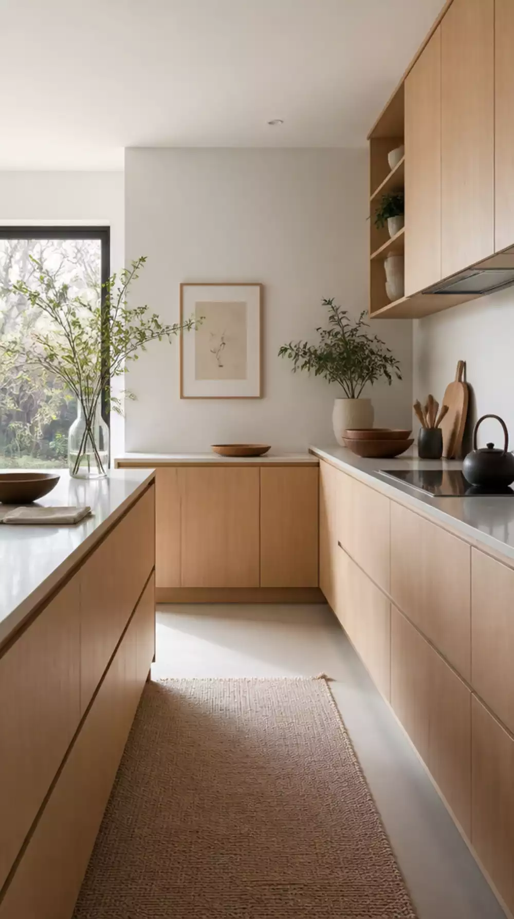 Japandi Kitchen in Pale Oak with Flat-Front Handle-Free Cabinet Doors