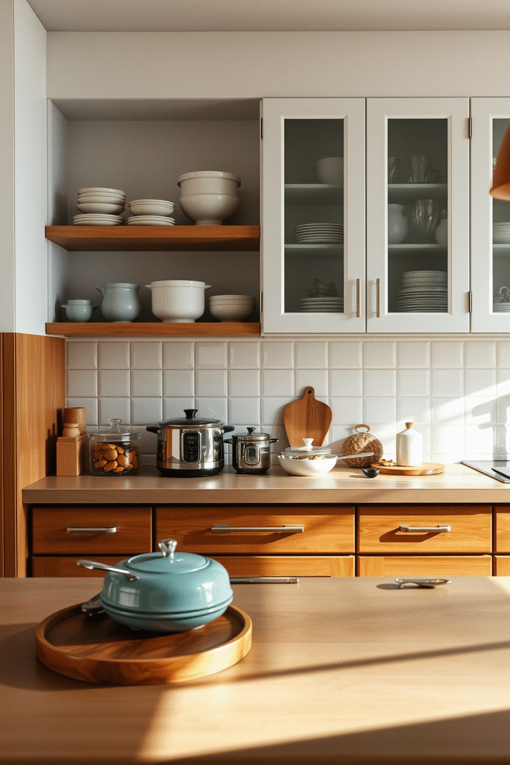 Stylized kitchen counter with various kitchenware on open shelves and closed cabinets in the background, clean and organized, soft natural light