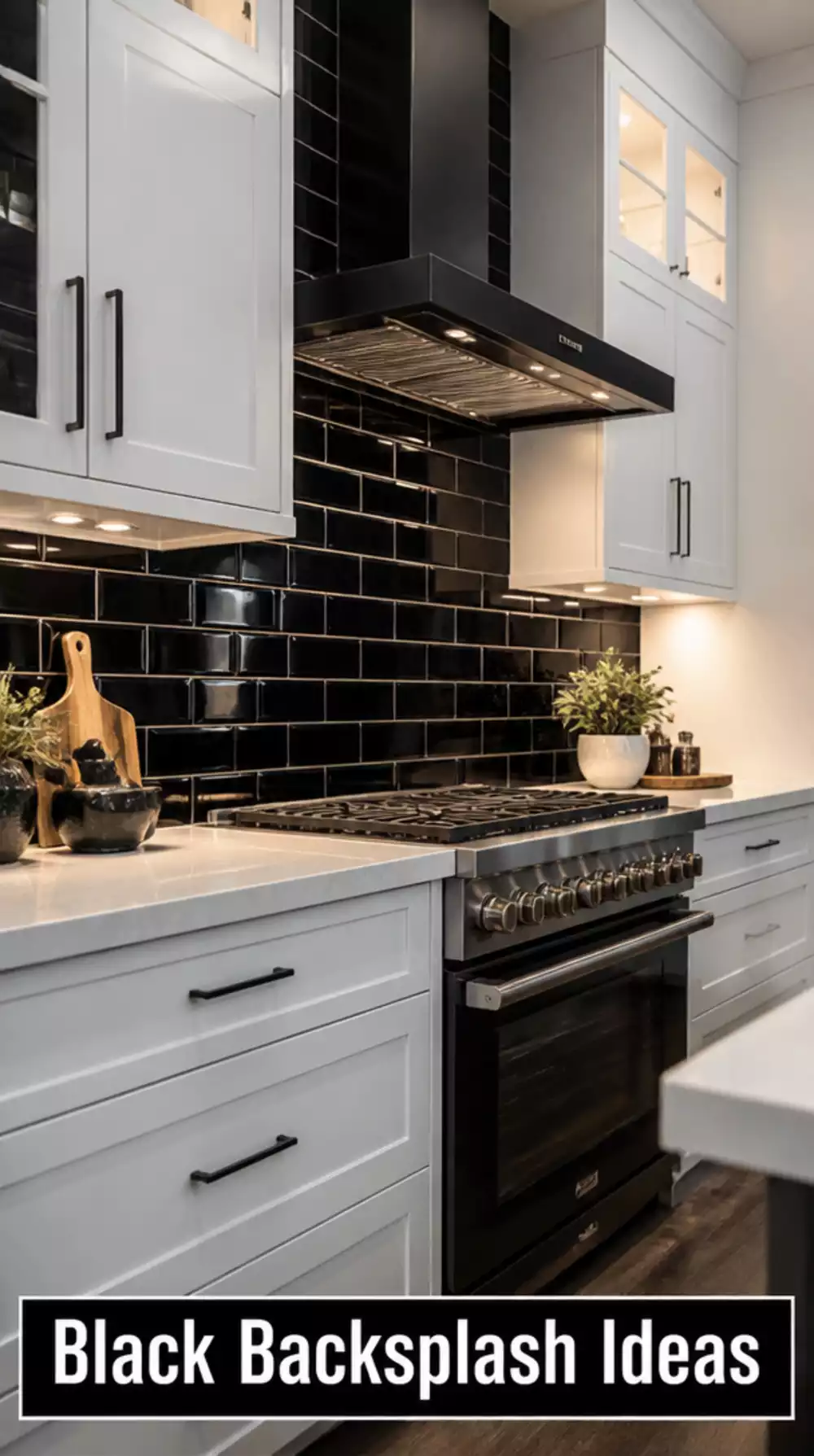 Glossy Black Kitchen Backsplash for White Cabinets