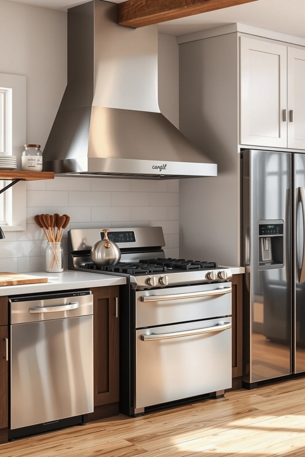 Modern stainless steel kitchen appliances integrated seamlessly into a farmhouse-style kitchen, contrasting with natural wood and vintage decor. No humans, no people, no hands, no body parts.
