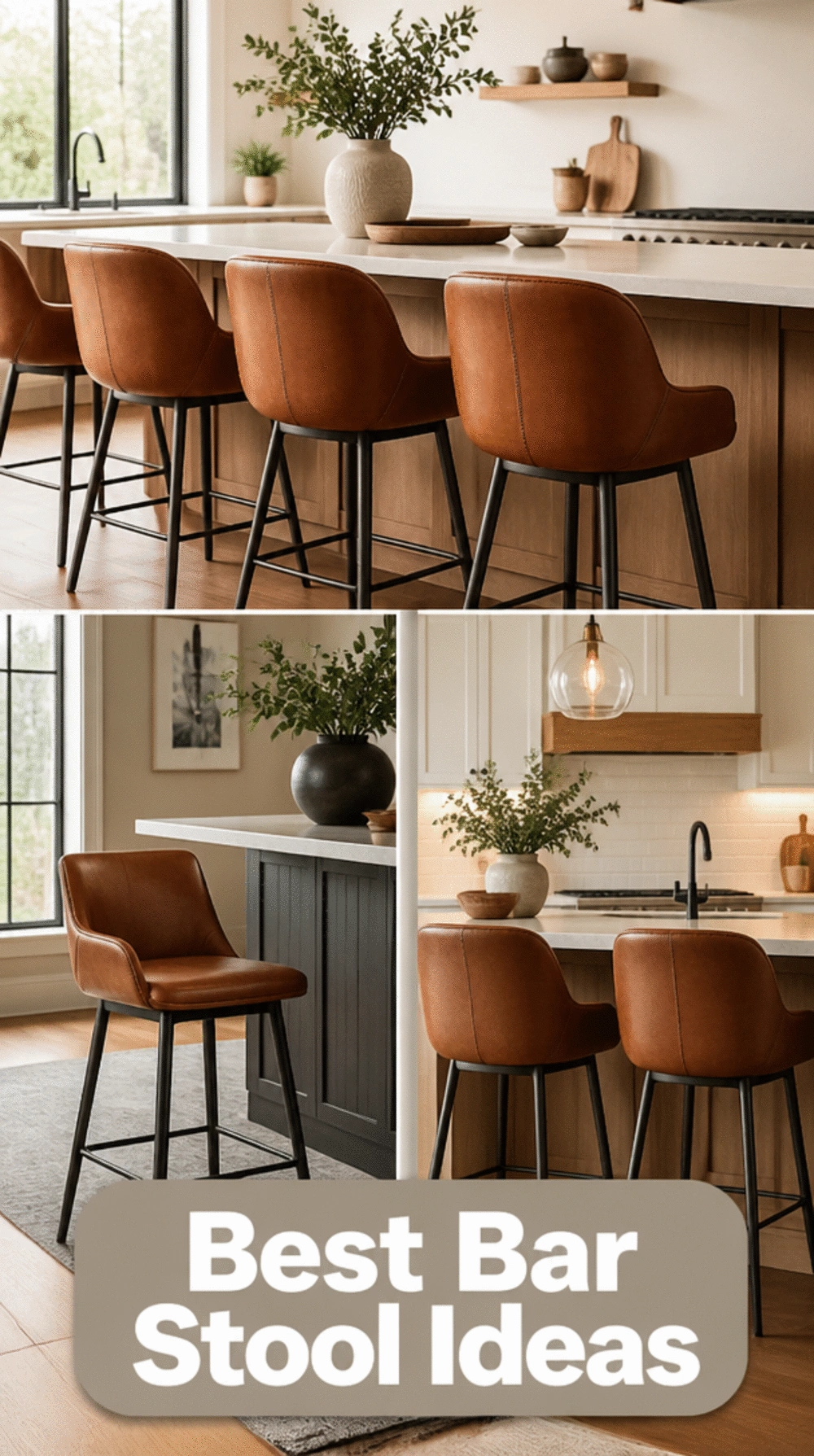 Cognac Leather Kitchen Bar Stool with a Cushioned Seat and Backrest