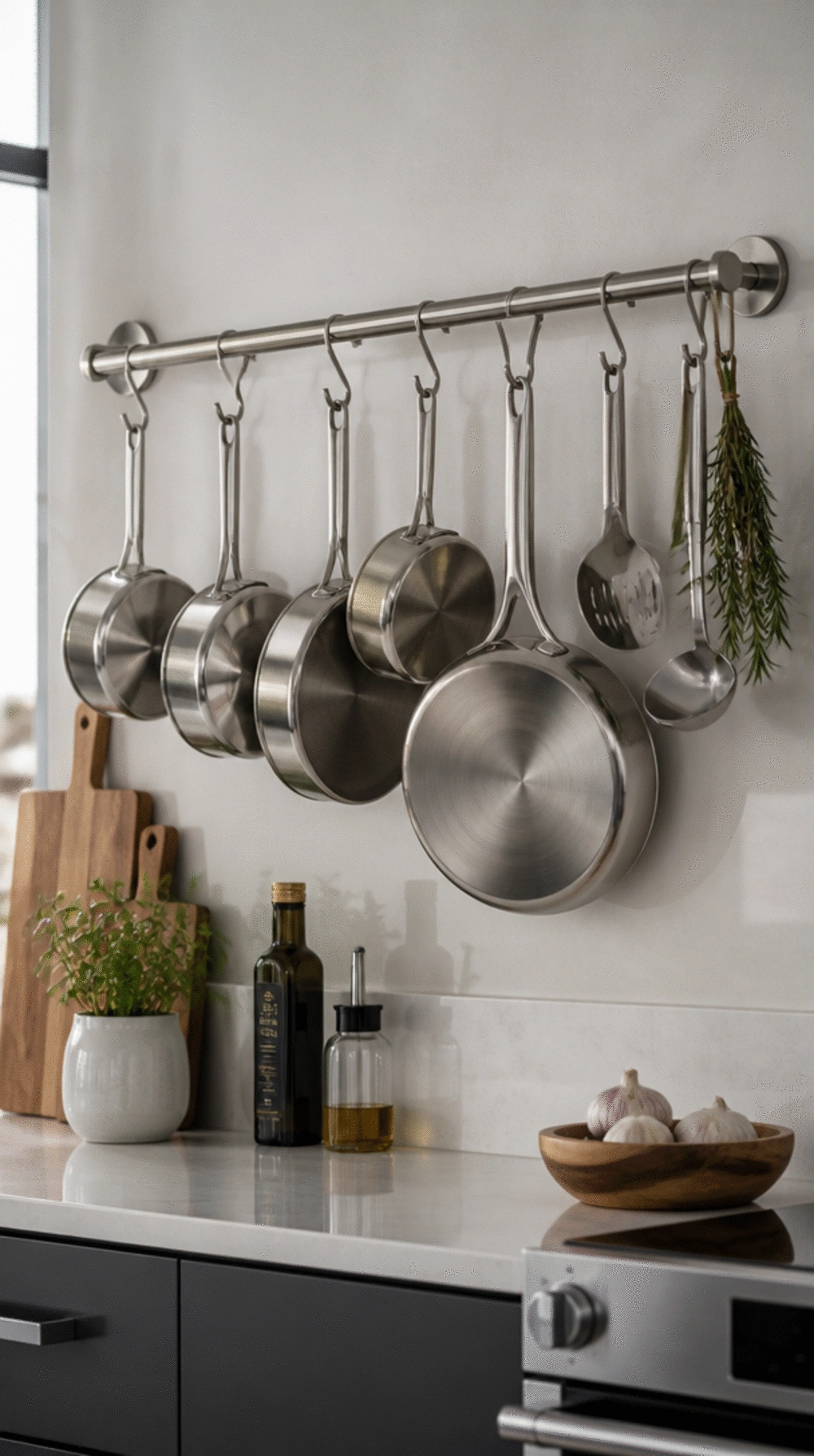 Kitchen Wall-Mounted Pot Rail in Brushed Steel with S-Hook Hangers