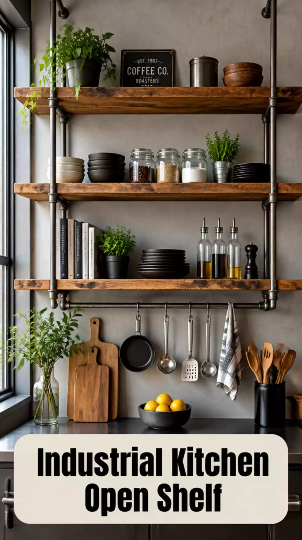 Industrial Kitchen Open Shelf in Raw Steel Pipe with a Reclaimed Wood Plank