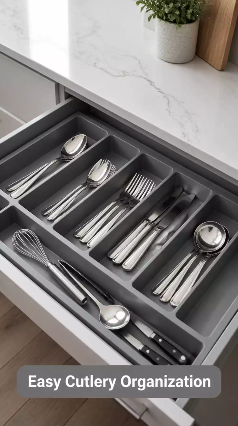 Kitchen Cutlery Tray in Soft-Touch Grey That Stops Forks Sliding Around