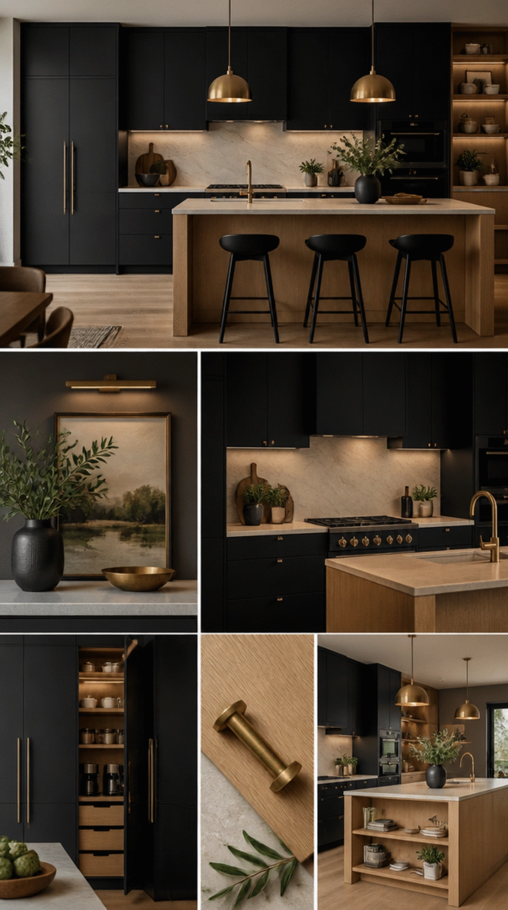 Matte Black Kitchen Cabinet with a Light Oak Island for Warm Contrast