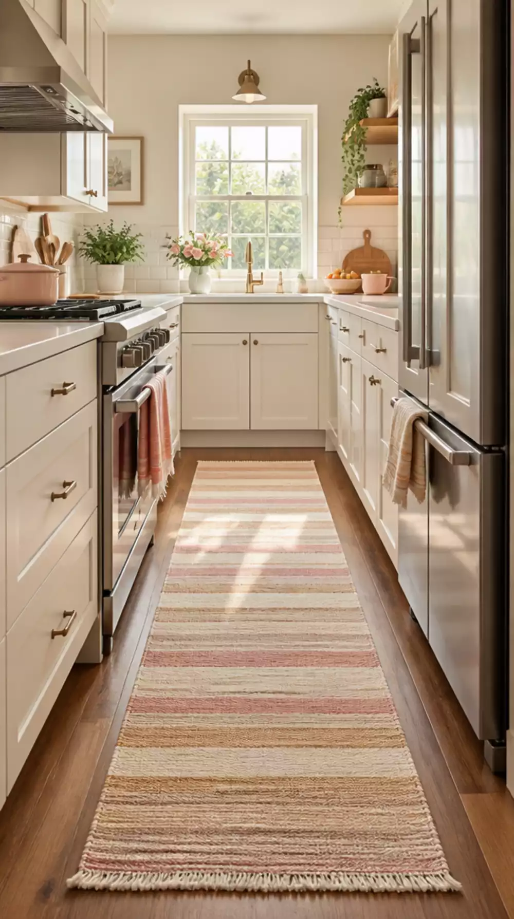 Kitchen Runner Rug in a Warm Striped Flatweave Cotton for a Galley Layout