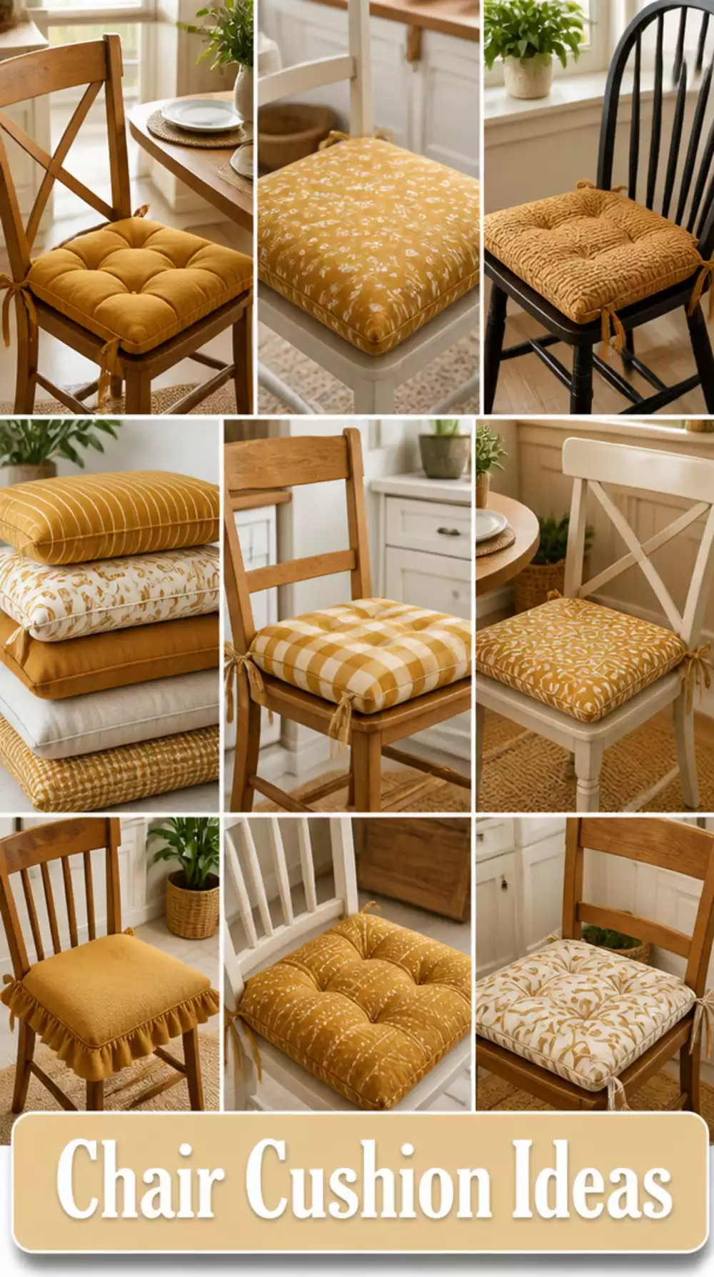 Kitchen Chair Cushion Cover in Warm Ochre Linen with a Tie Back Fastening