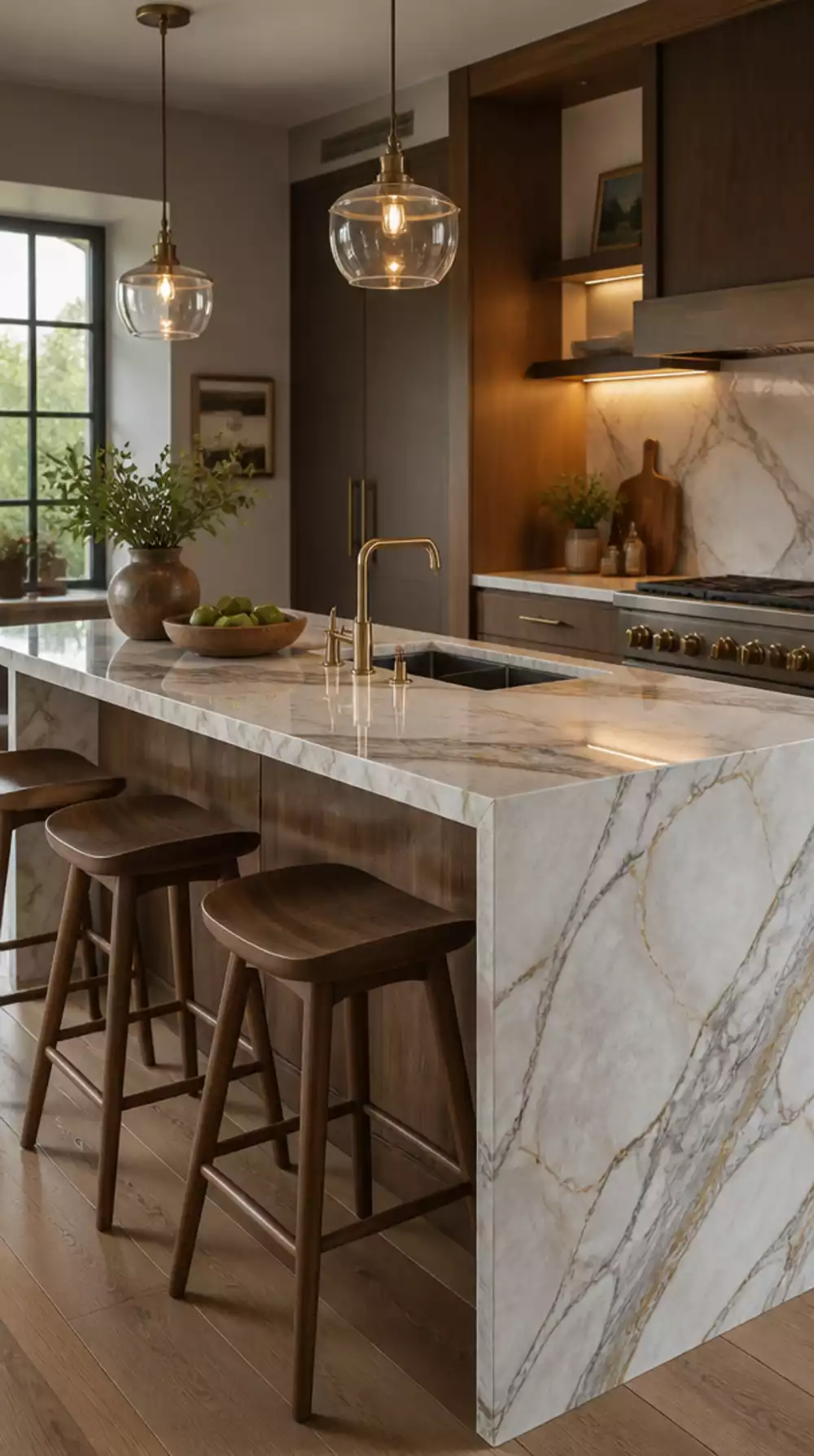 Kitchen Island with Waterfall Marble Countertop and Dramatic Overhang