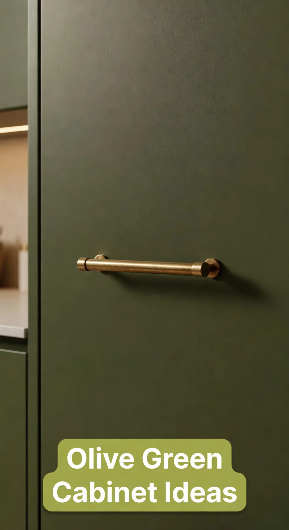 Olive Green Kitchen Cabinet Door with Unlacquered Brass Bar Handle