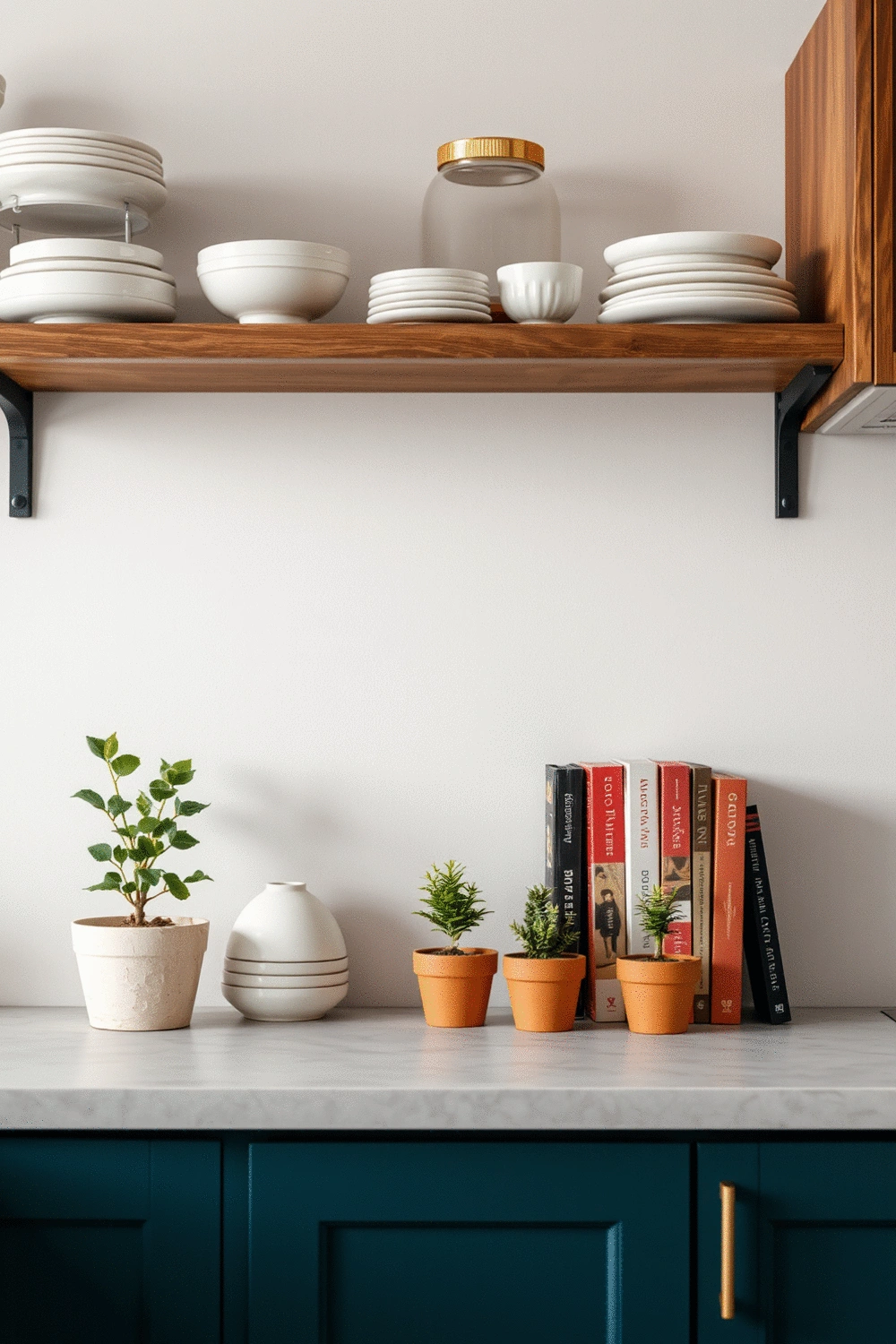 Detailed shot of kitchen open shelving with neatly arranged ceramic dishes, cookbooks, and small potted plants, soft focus background, no text, no words, no typography, no labels, clean image