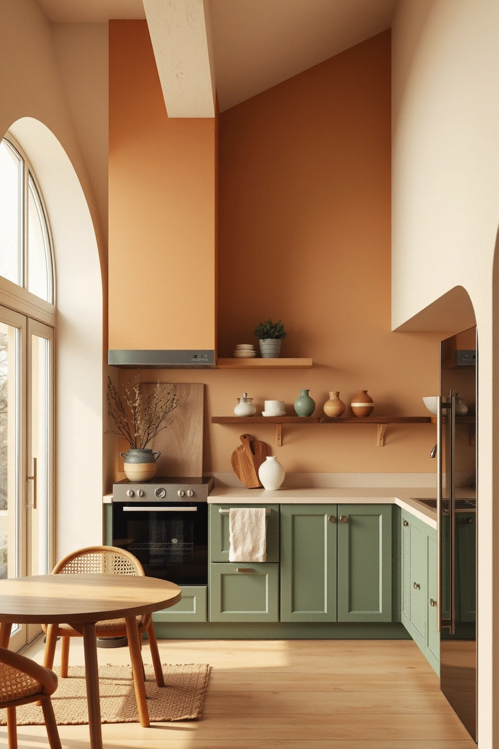 Kitchen with terracotta accents, sage green decor, and warm neutral walls under soft, ambient lighting, no text, no words, no typography, no labels, clean image, no humans, no people, no hands, no body parts