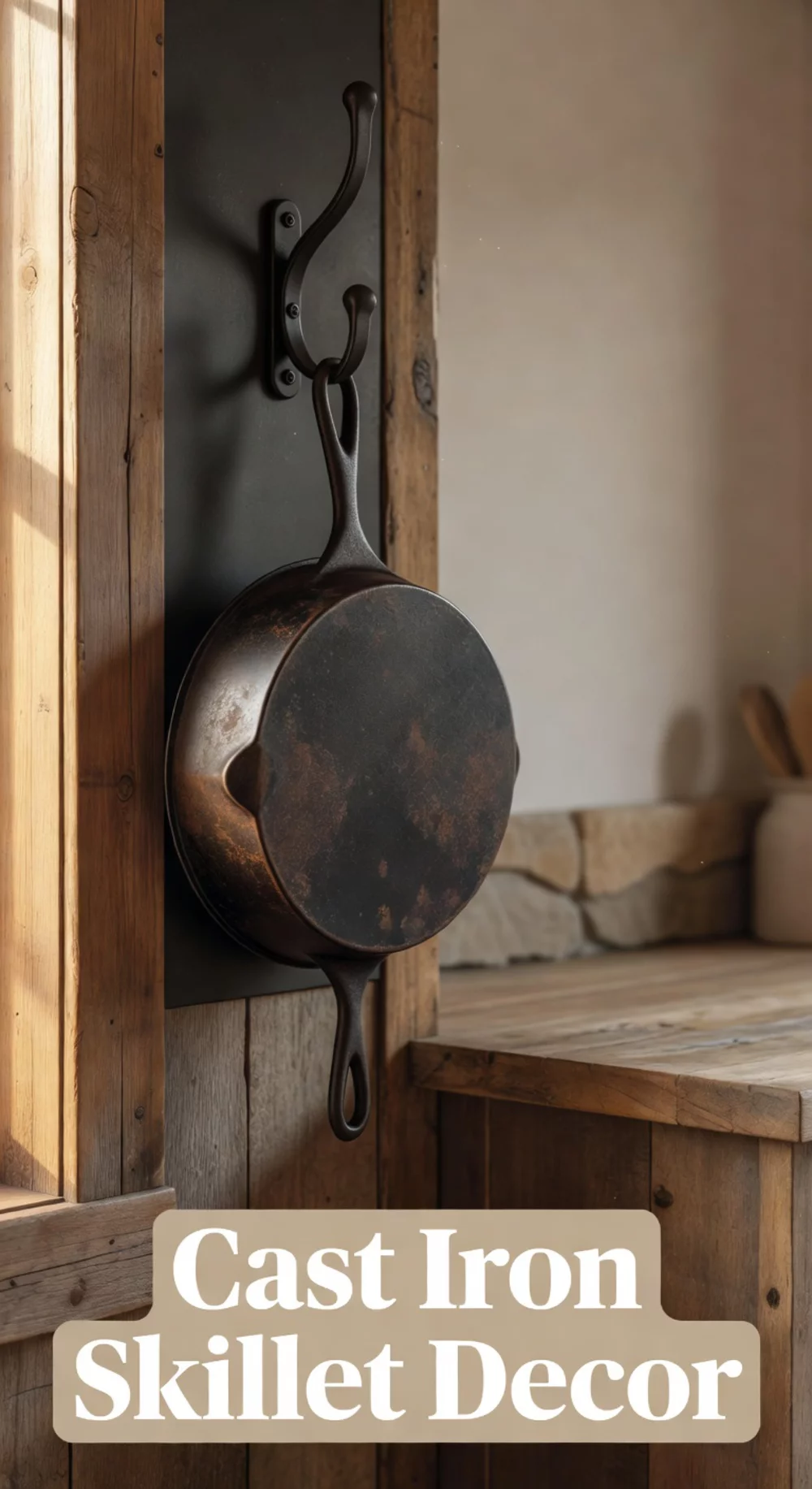 Hanging Kitchen Cast Iron Skillet on a Matte Black Wall Hook as Display