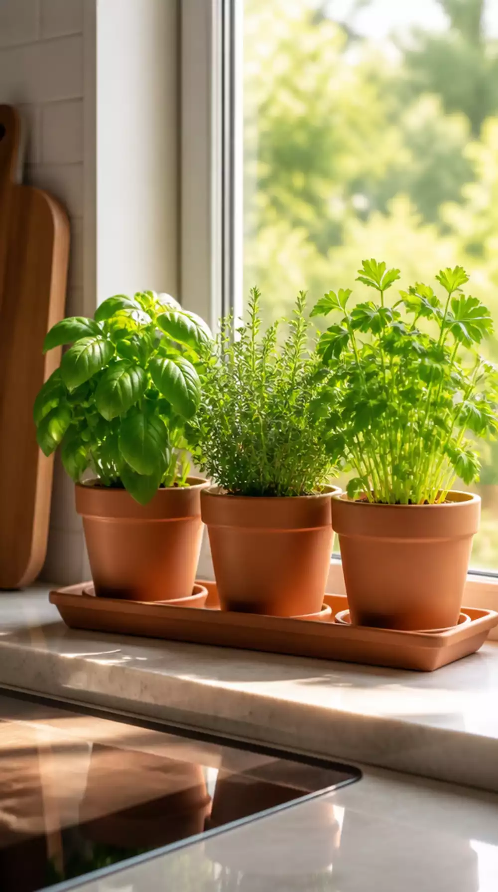 Kitchen Windowsill Herb Garden in a Set of Three Matching Terracotta Pots