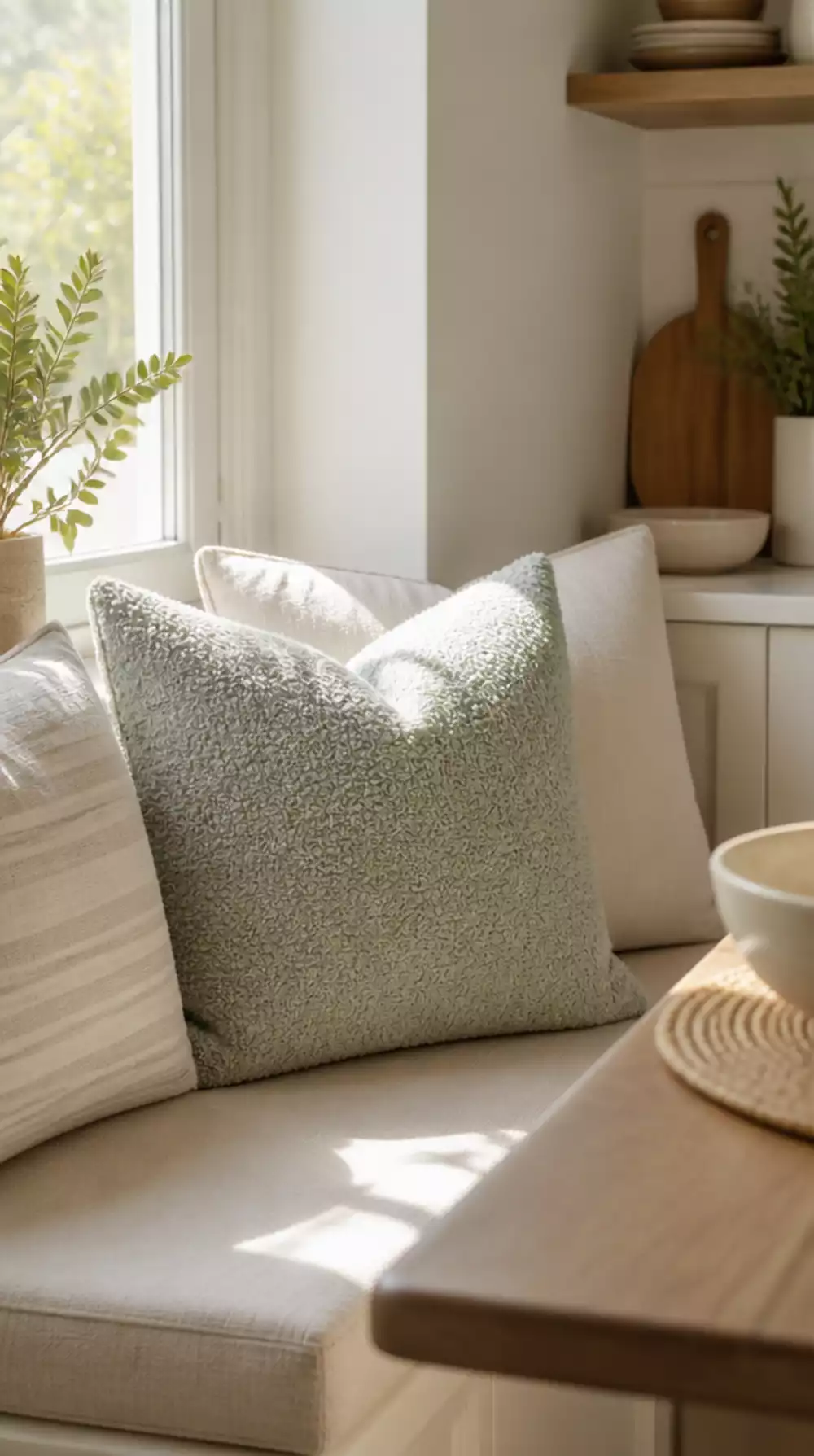 Light Kitchen Banquette Cushion in a Pale Sage Boucle for a Soft Corner