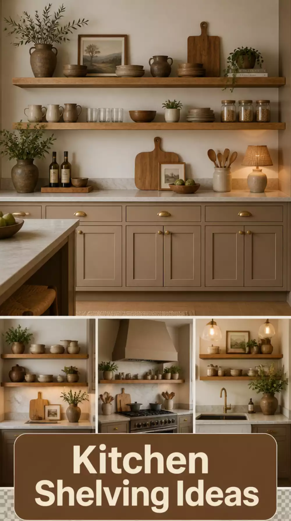 Kitchen Cabinet in a Clay Matte Finish Below a Natural Timber Open Shelf