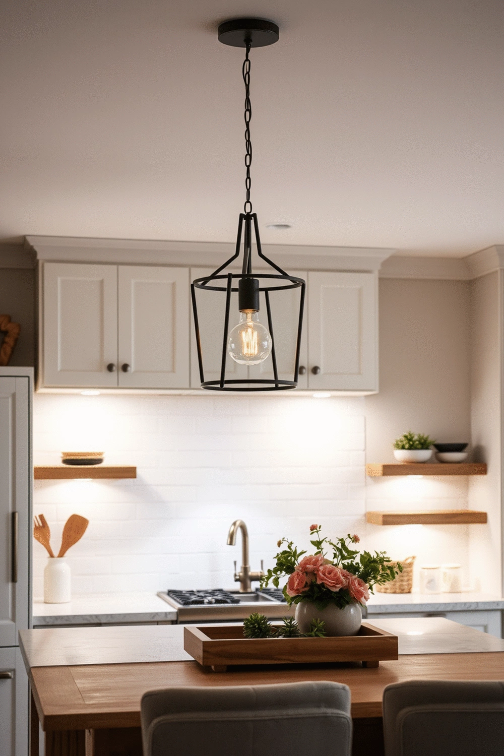 Neutral toned kitchen with layered lighting, pendant lights over an island, and under-cabinet lights
