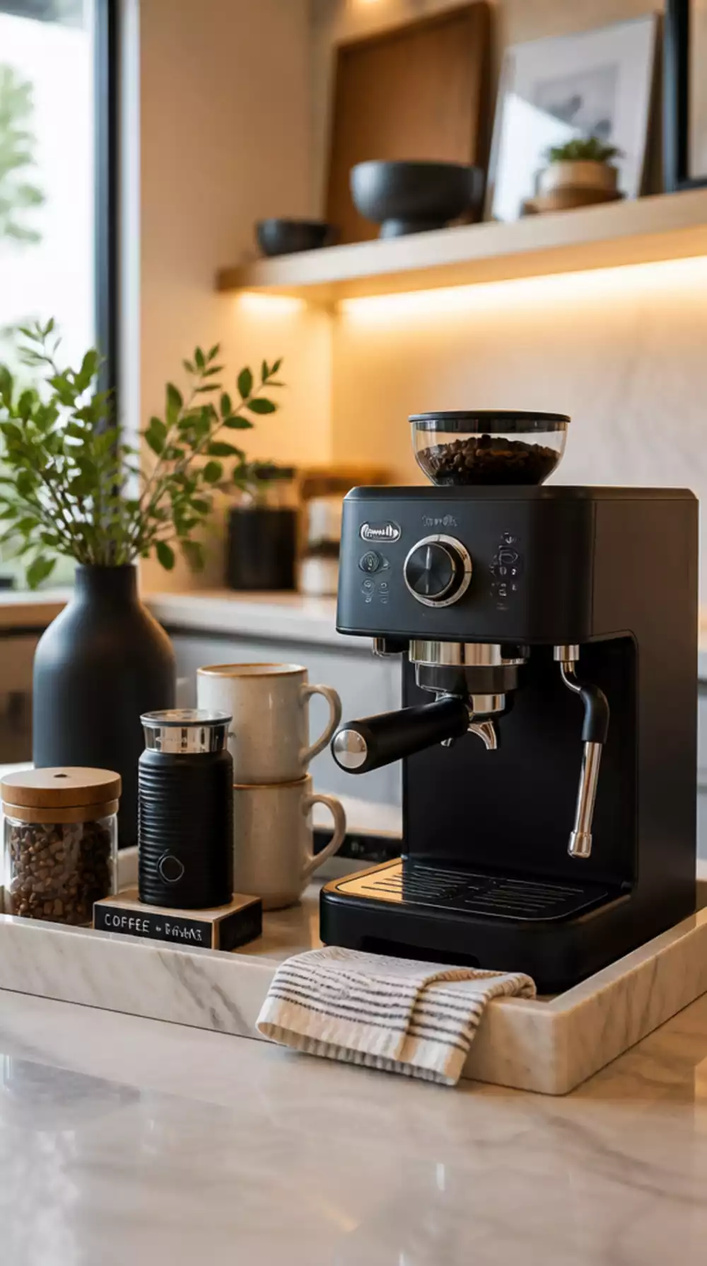 Kitchen Coffee Station Espresso Machine in Matte Black on a Marble Tray