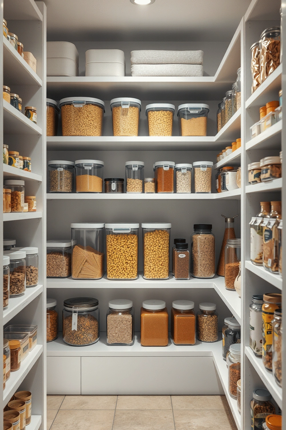 Modern pantry interior with organized clear containers, labeled shelves, and various food items