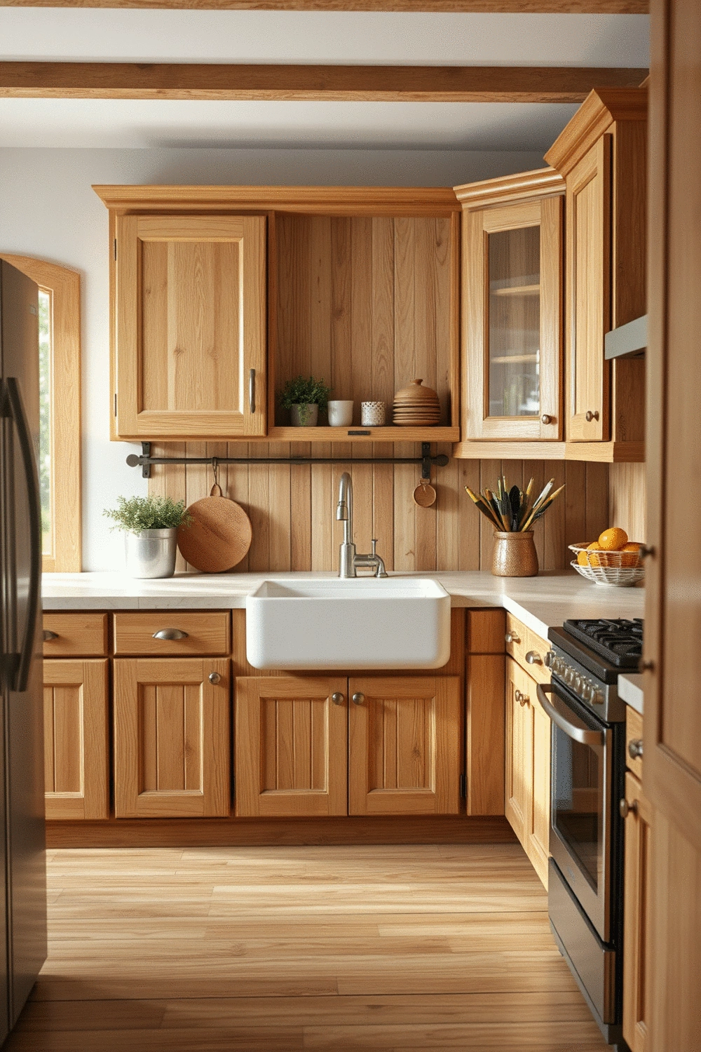 A rustic kitchen interior with shaker cabinets and an apron-front sink, showcasing natural wood tones and vintage-inspired decor. No humans, no people, no hands, no body parts.
