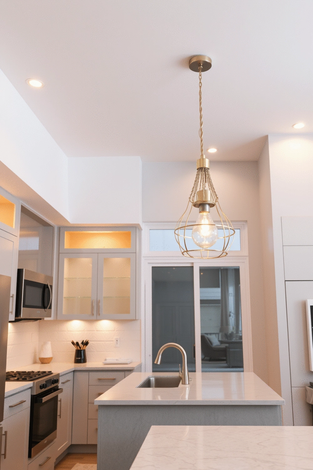 Modern kitchen interior with various lighting fixtures, warm ambient light, task lighting under cabinets, and decorative pendant lights over an island, showcasing functionality and style.