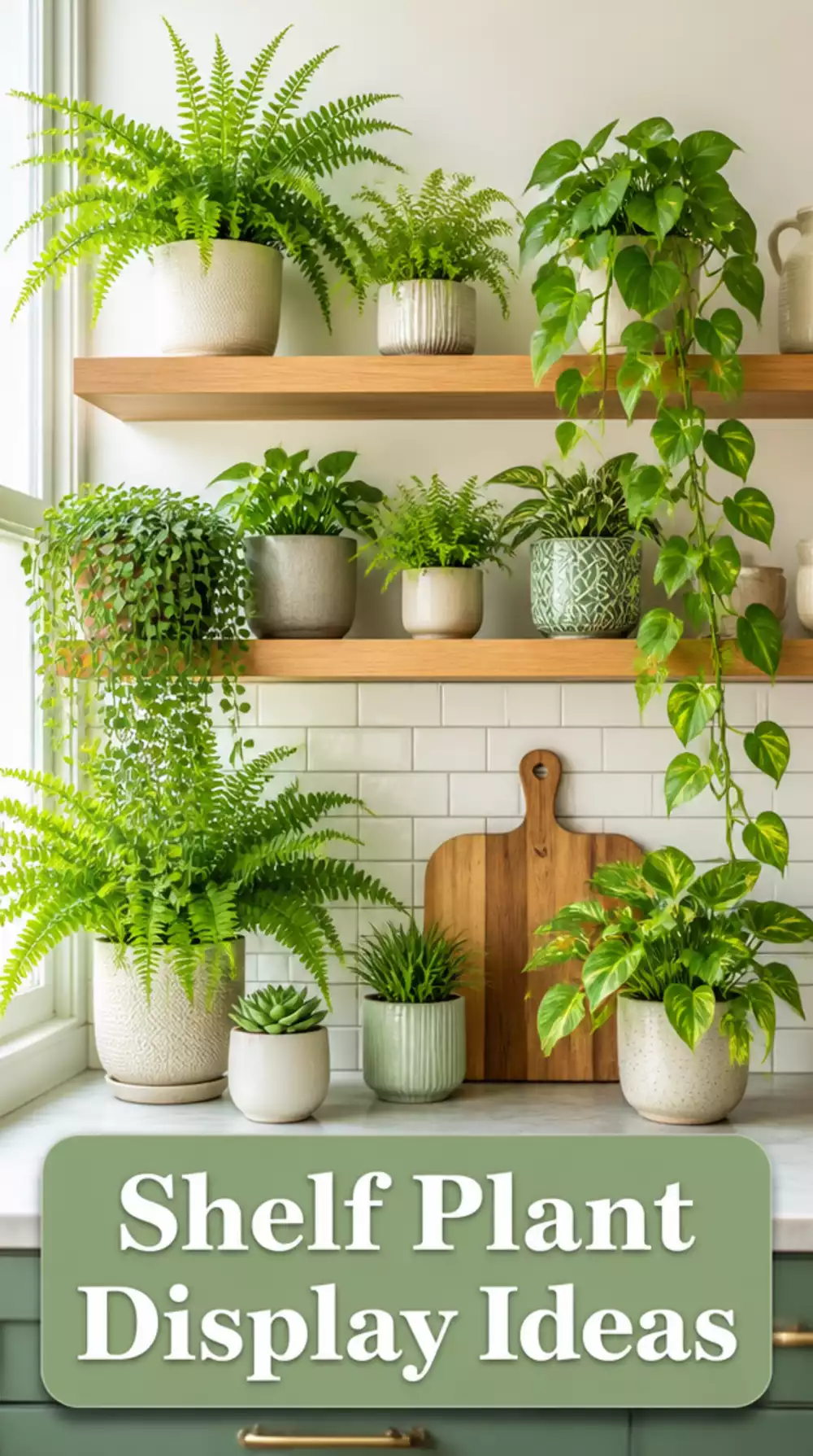Kitchen Open Shelf Plant Display with a Mix of Ferns and Trailing Vines