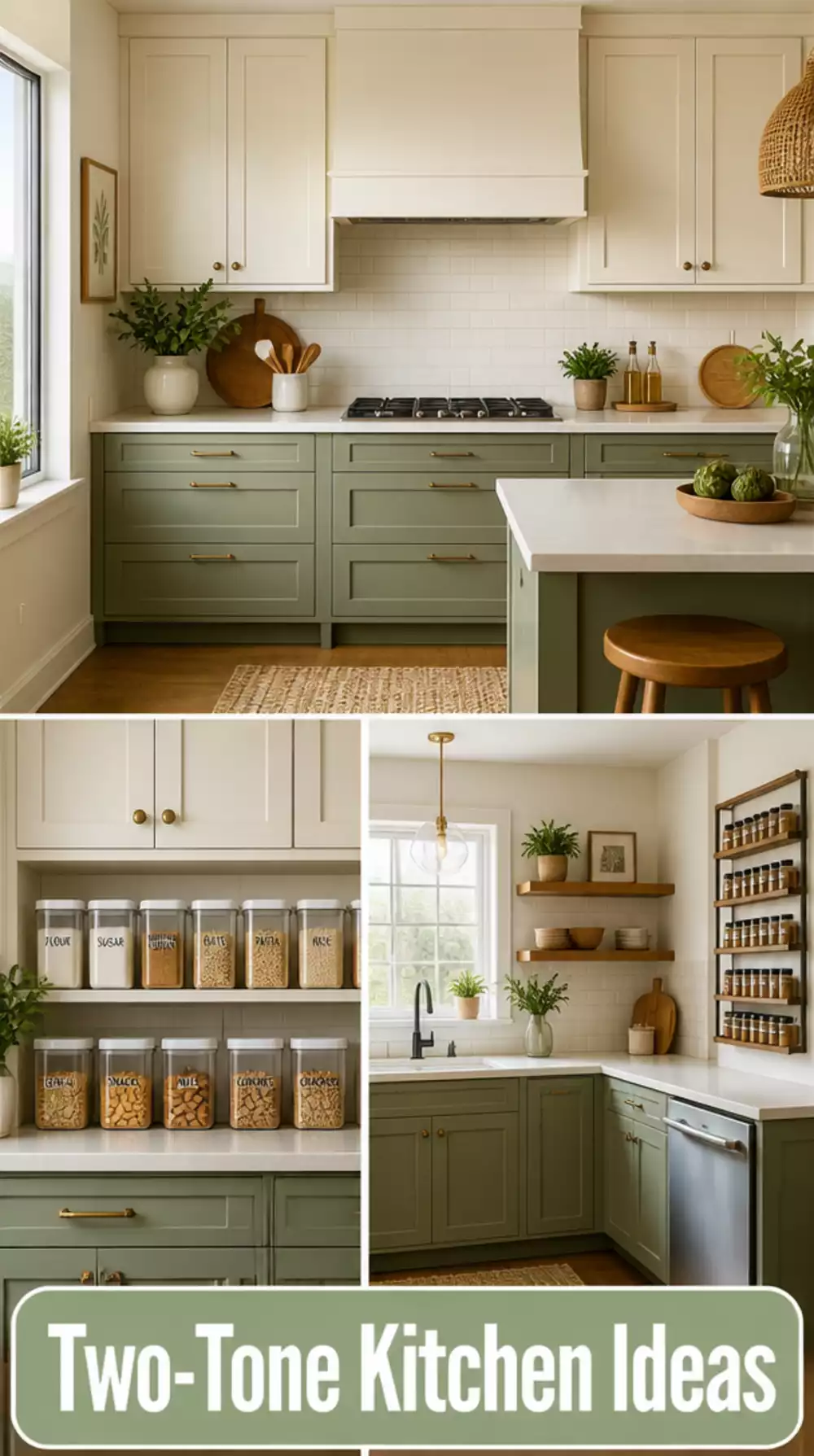 Two-Tone Kitchen with Cream Upper Cabinets and a Sage Green Lower Row