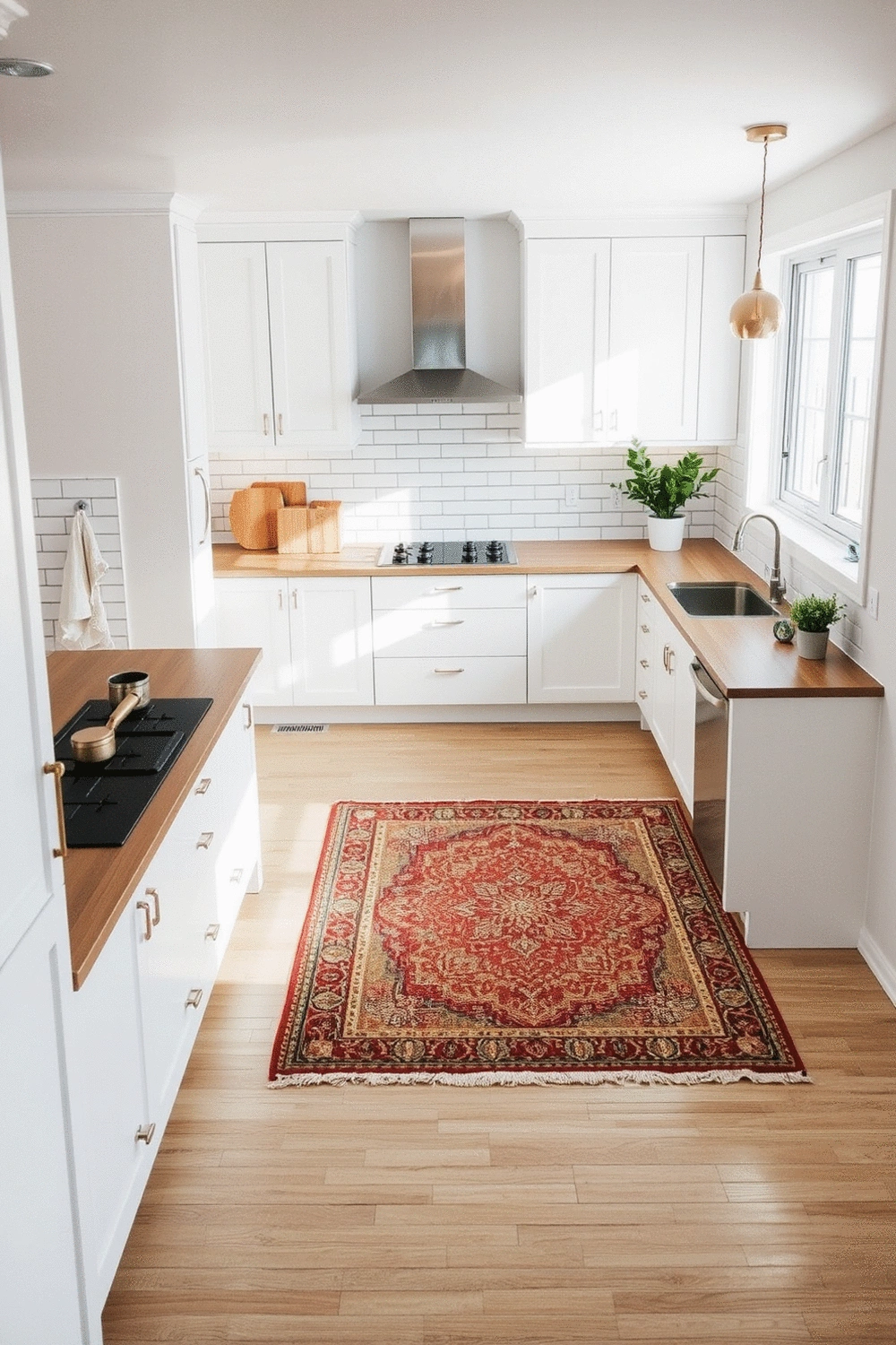 Overhead shot of a clean, modern kitchen with a strategically placed patterned rug near a kitchen island, illustrating proper rug placement.