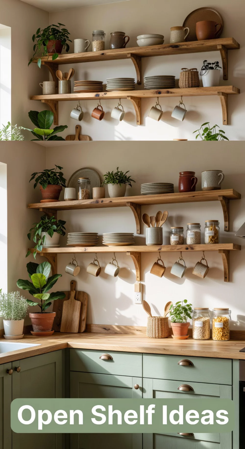 Natural Wood Kitchen Open Shelf Paired with Green Cabinet Doors Below