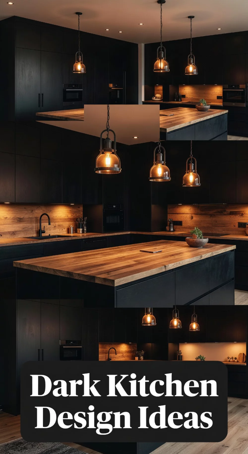 Dark Kitchen Cabinets in Matte Black with Warm Wood Island Contrast