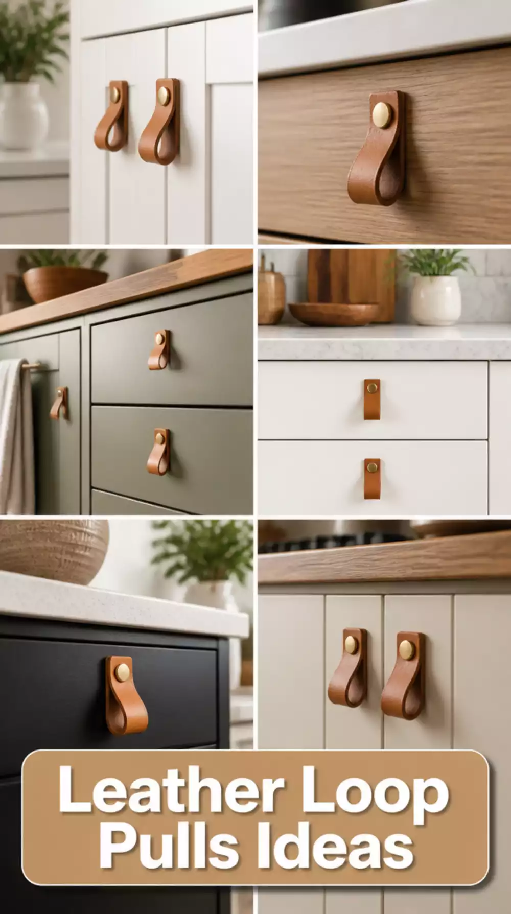 Kitchen Cabinet Leather Loop Pull in Natural Tan with Brass Rivets