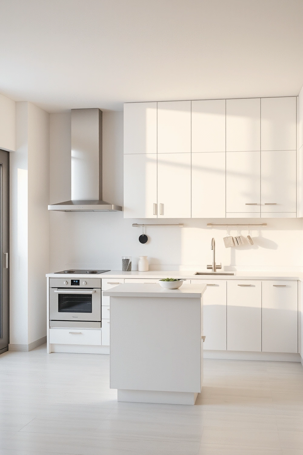 Minimalist kitchen interior with light-colored cabinets, a small multi-functional island, and wall-mounted storage solutions, clean and bright aesthetic