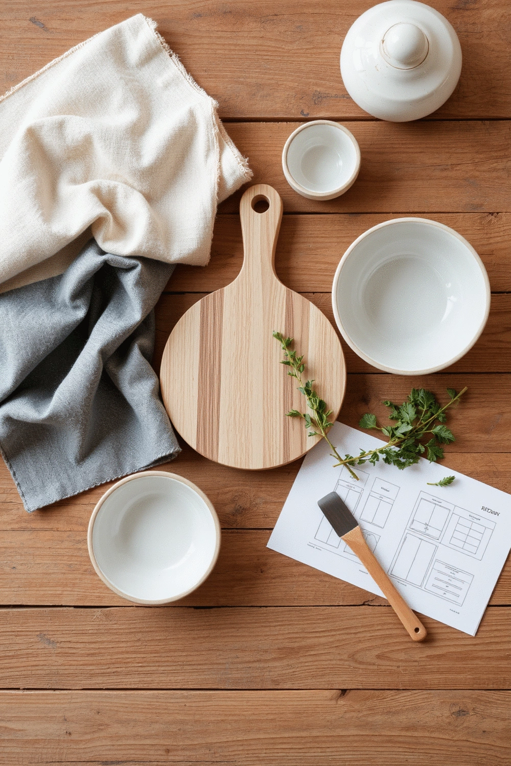 Flat lay of kitchen planning tools, color swatches, and material samples on a clean wooden table, representing kitchen decor journey.