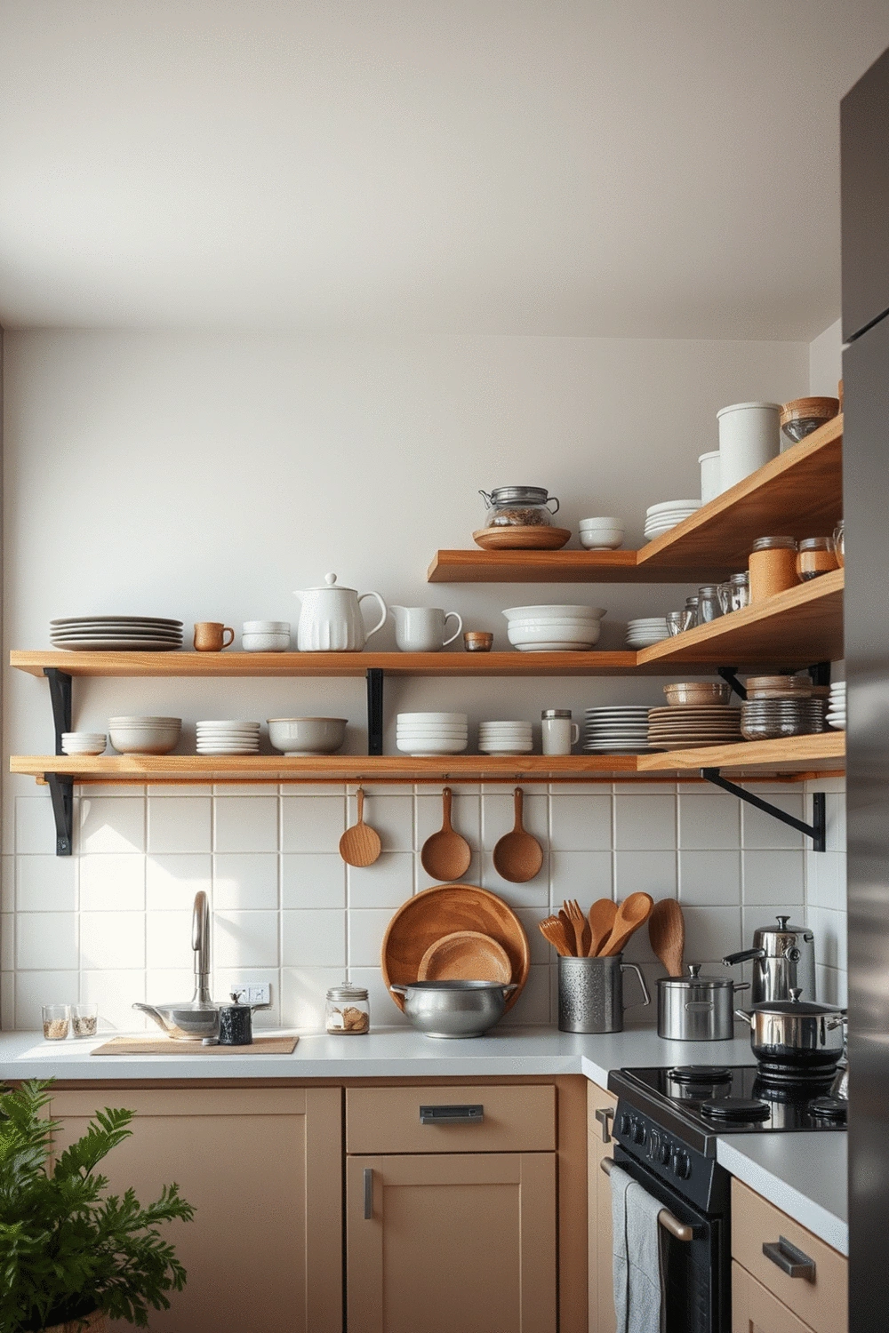 Cozy kitchen with open shelving displaying neatly organized kitchenware, soft natural light, and a clean aesthetic.