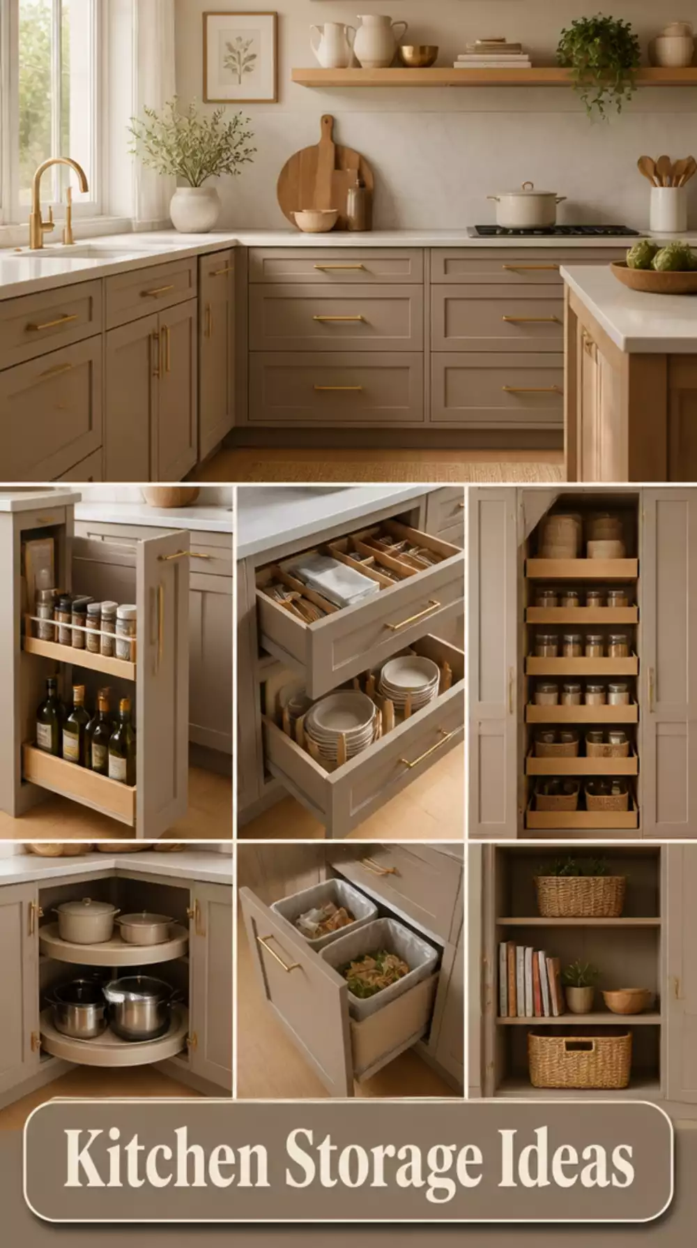 Kitchen Lower Cabinet in Warm Greige Paired with a Brushed Brass Pull Rail