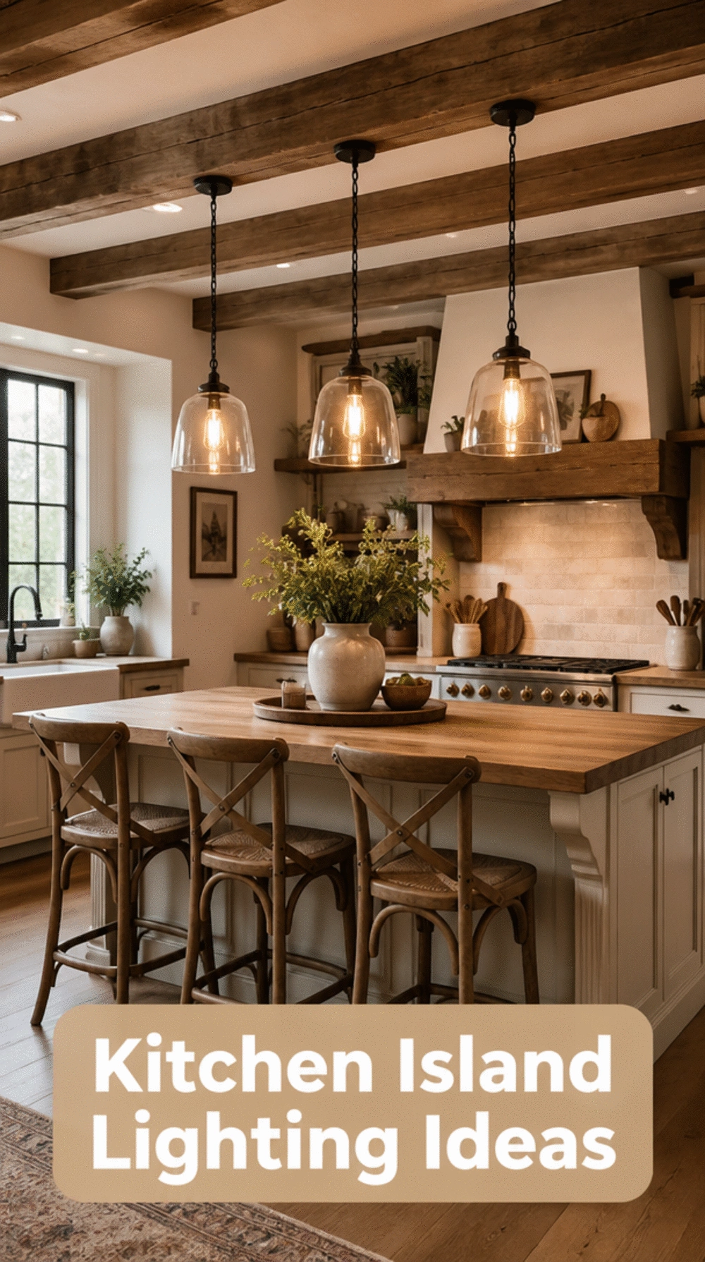 Exposed Wooden Beam Above a Farmhouse Kitchen Island with Pendant Lights