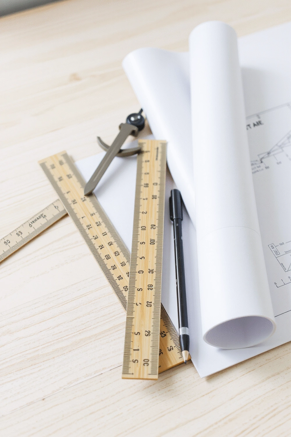 Architectural drawing tools, including a ruler, compass, and blueprint, arranged neatly on a wooden desk