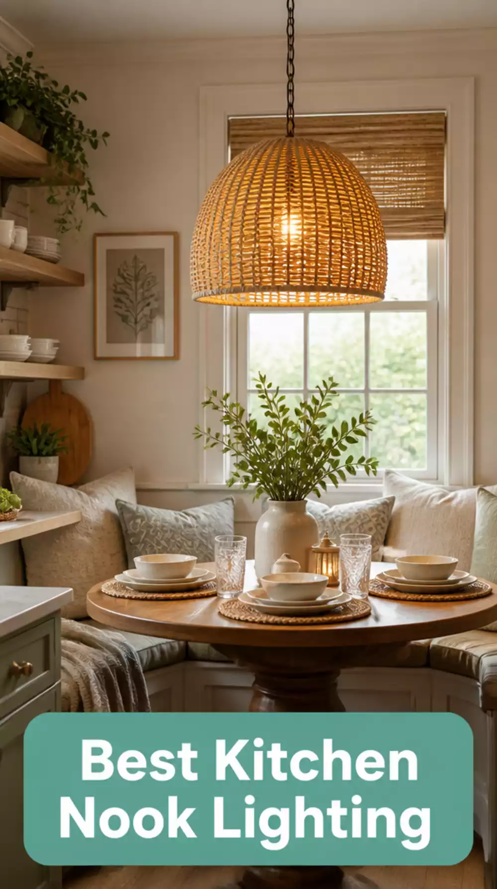 Kitchen Dining Nook Pendant Light in Rattan Hanging Low Above the Table