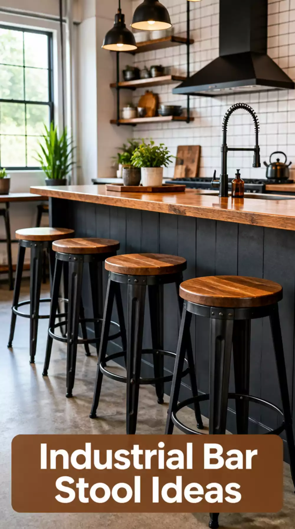 Industrial Kitchen Bar Stool in Black Powder-Coated Steel with a Wood Seat