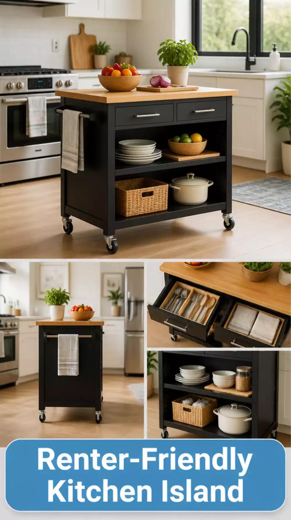 Renter-Friendly Kitchen Island on Wheels That Moves Out of the Way