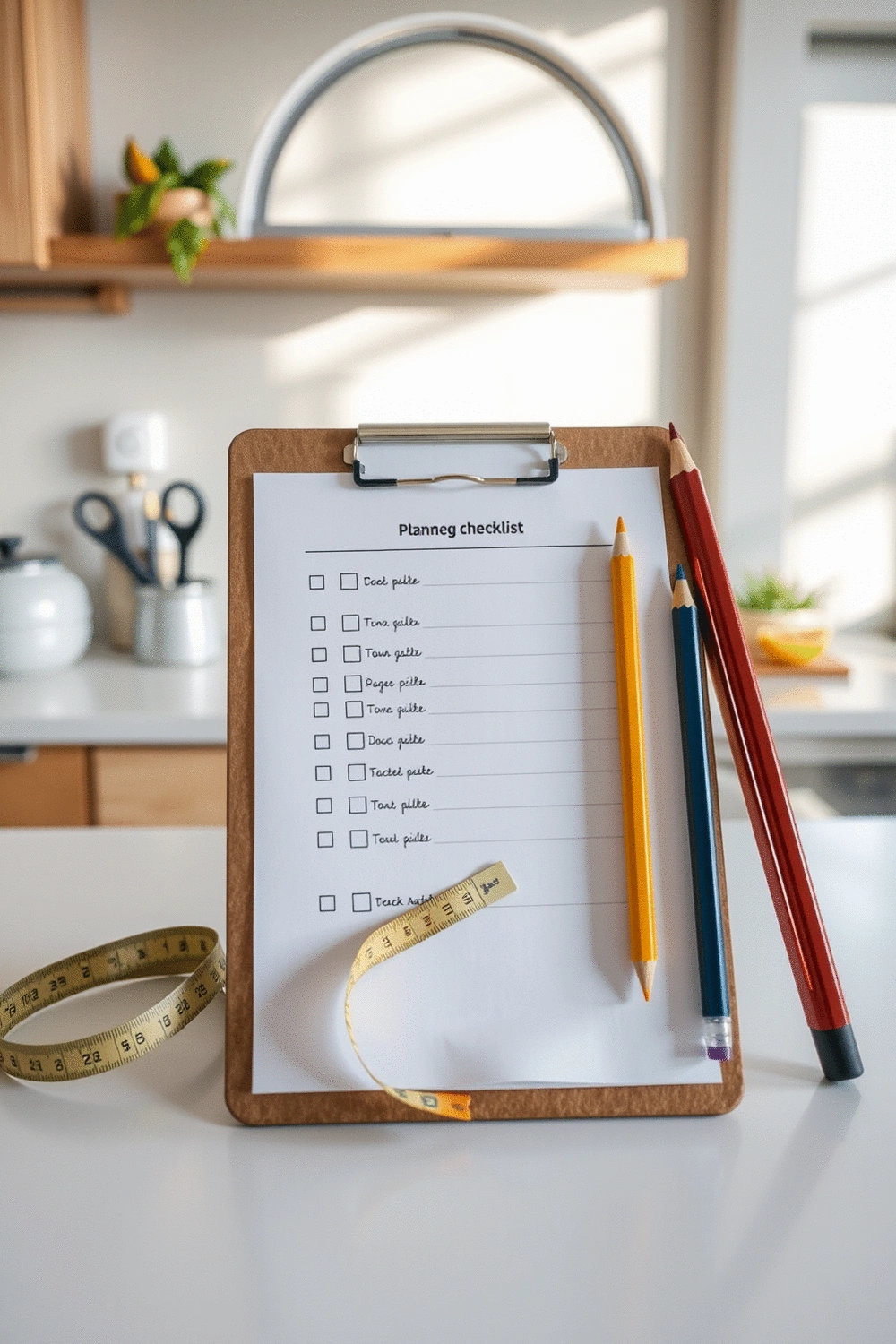 A collection of neatly arranged kitchen planning tools, including a clipboard with a checklist, measuring tape, and colored pencils, on a clean countertop