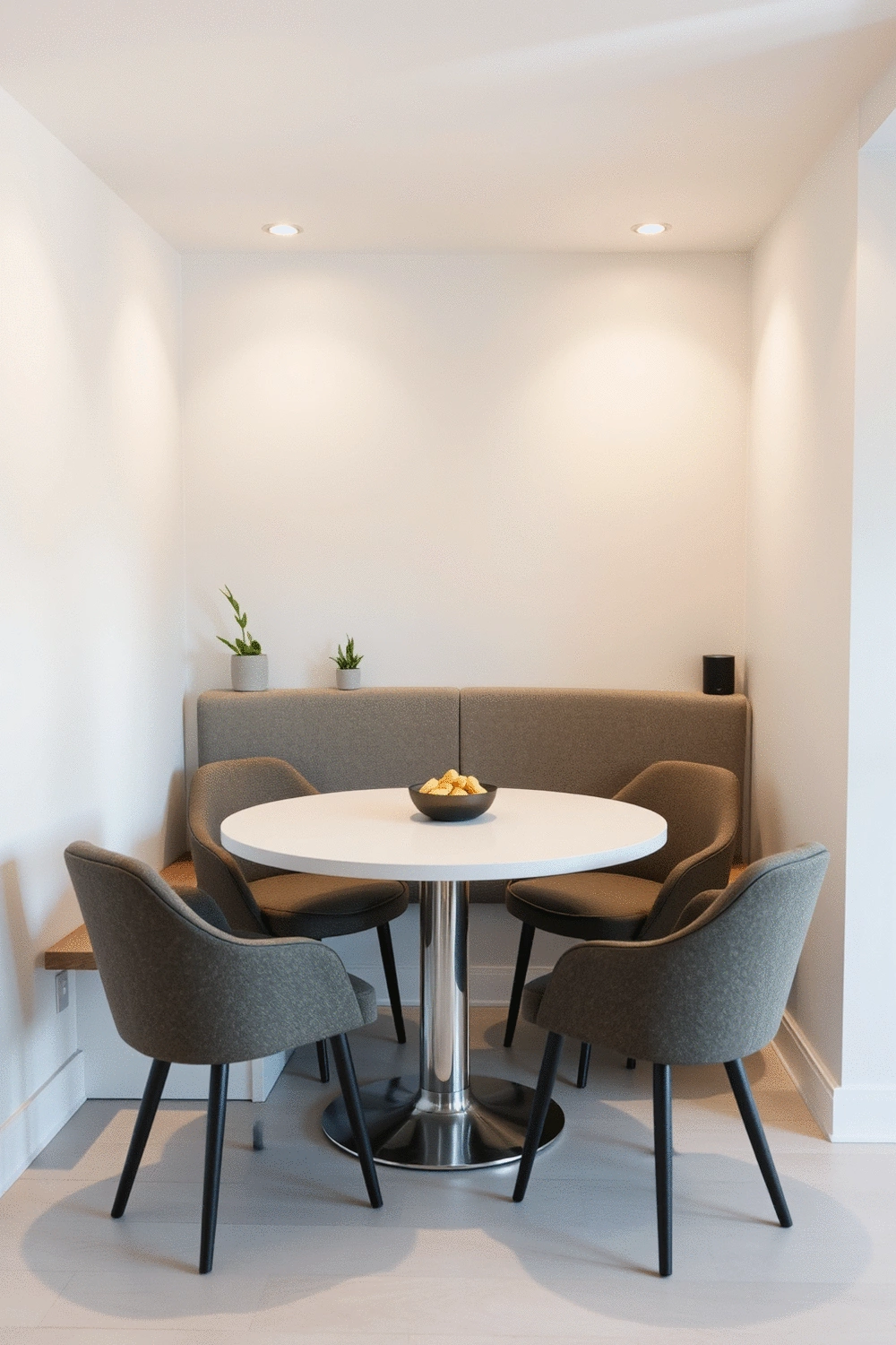 A breakfast nook with a round table, comfortable chairs, and soft, adjustable lighting, showcasing modern technology integration. A smart home device is subtly visible on a shelf.