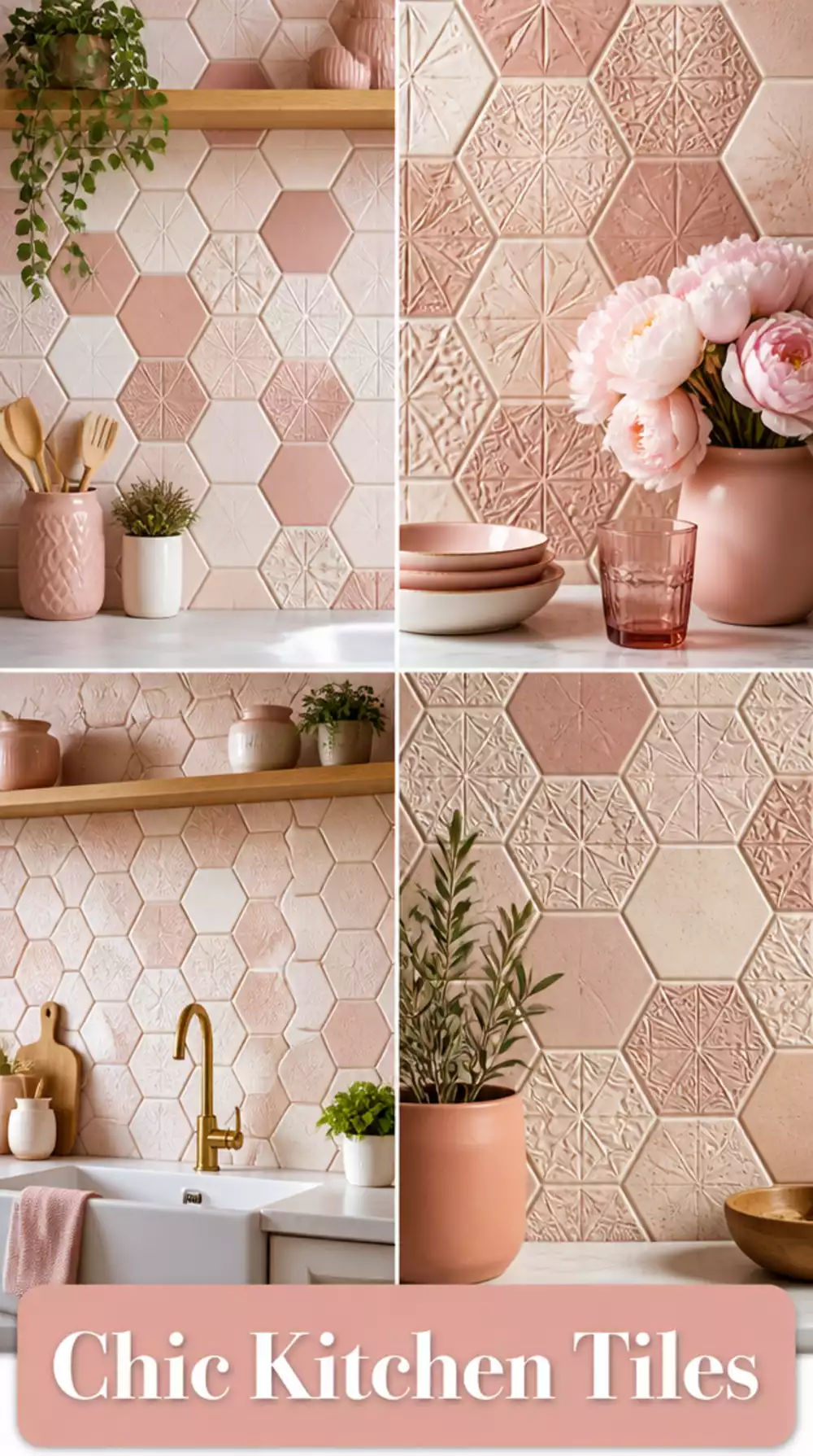 Handmade Hexagon Kitchen Floor Tile in a Dusty Blush and Cream Mix