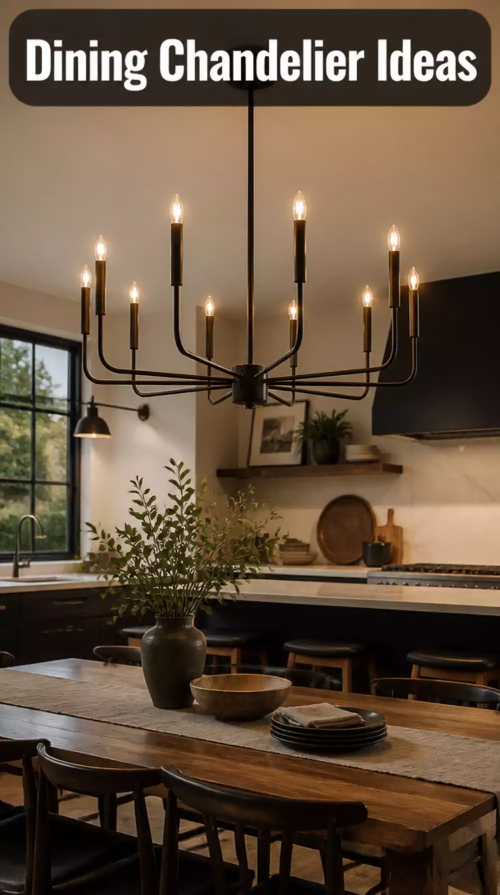 Matte Black Chandelier Over Wooden Dining Table