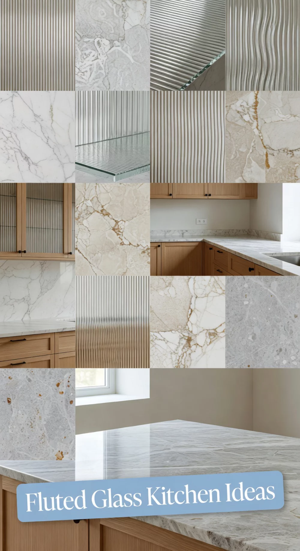 Fluted Glass Kitchen Cabinet Insert Paired with a Sleek Quartz Countertop