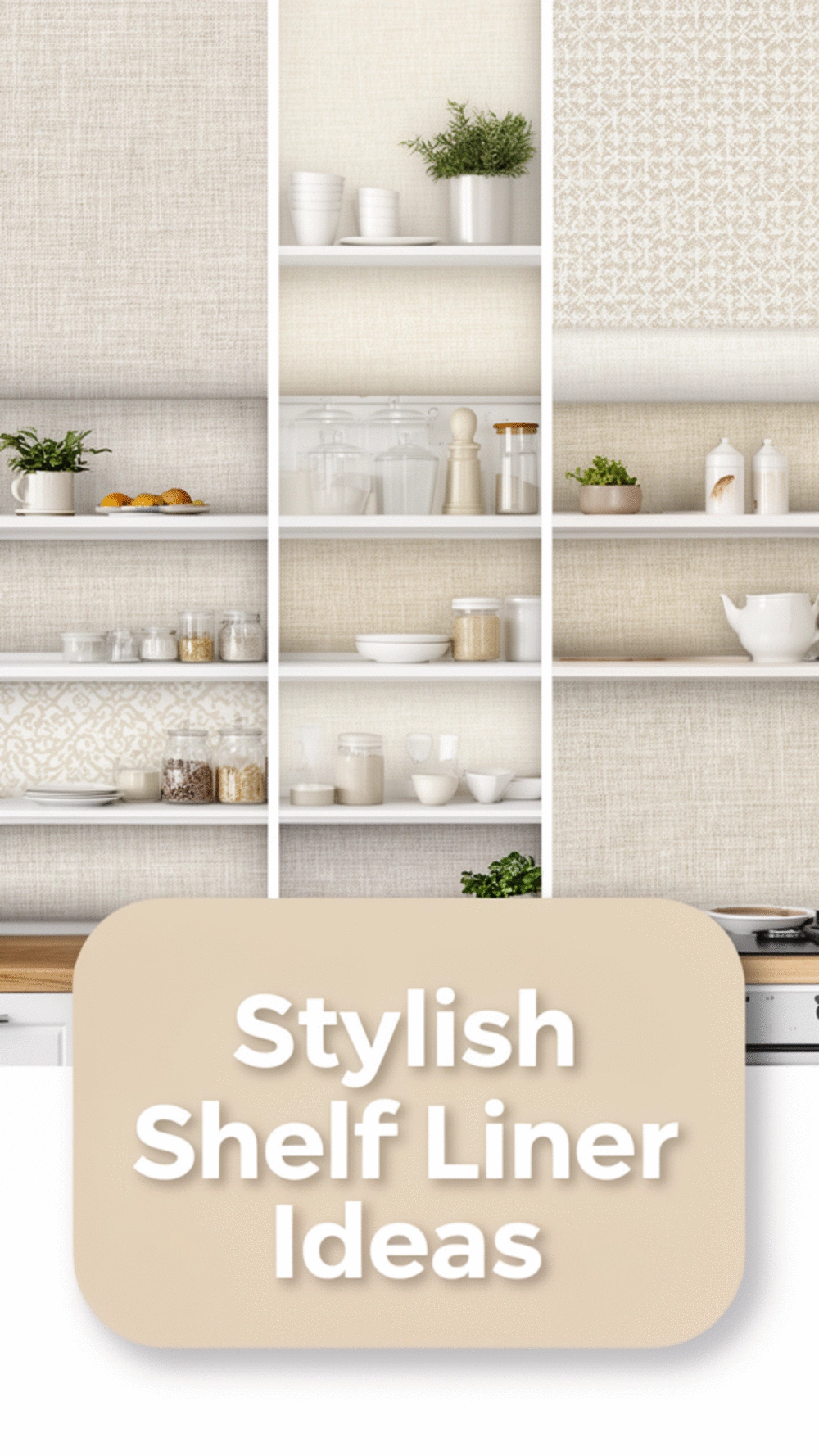 Kitchen Adhesive Shelf Liner in a Linen Texture That Hides Worn Shelf Boards