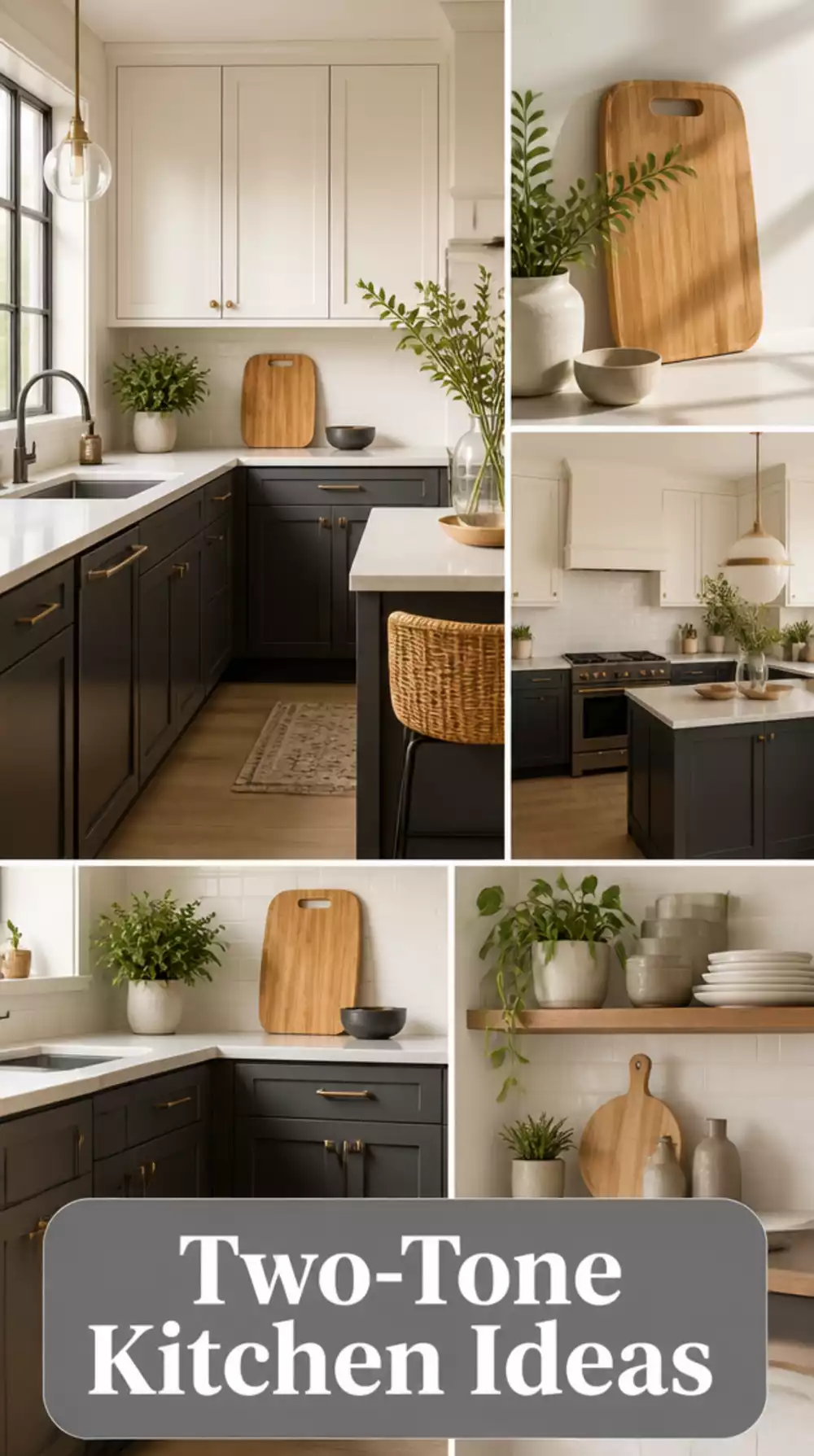 Two-Tone Kitchen Cabinet in Warm Charcoal Below and Soft White Above