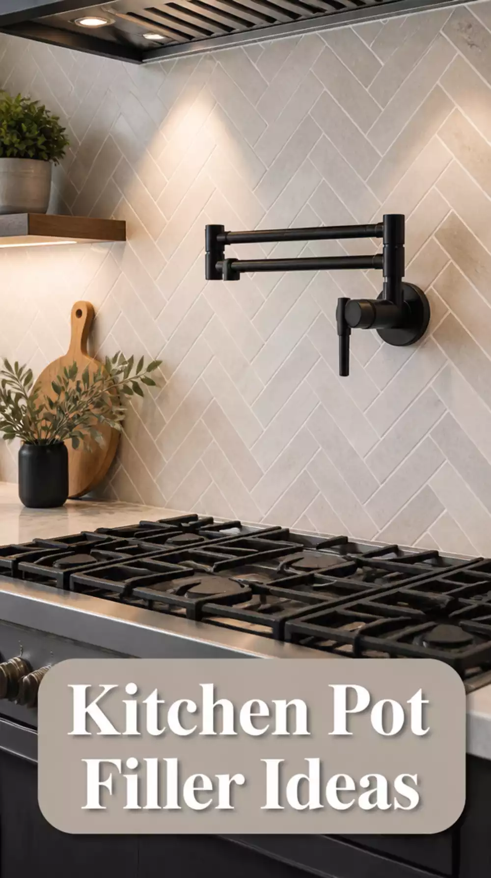 Kitchen Pot Filler Tap in Matte Black Mounted Above the Gas Cooktop